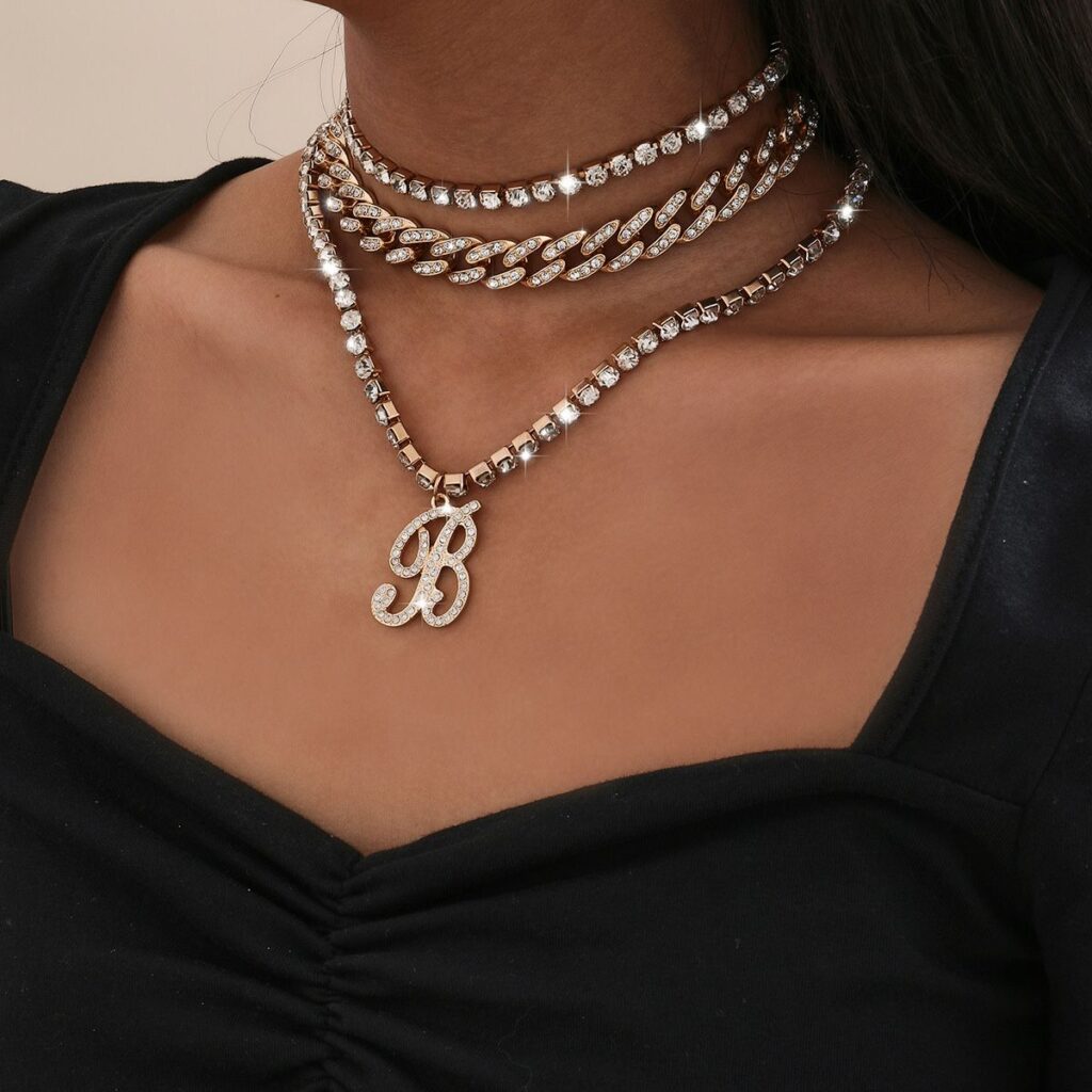 Letter Pendant Full Diamond Chain Necklace